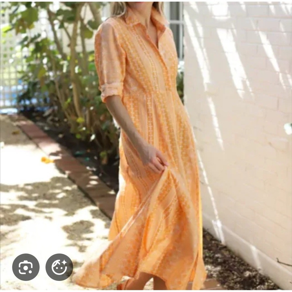 Julia Amory Orange White Geometric Block Print Maxi Shirt Dress Womens Large NWT